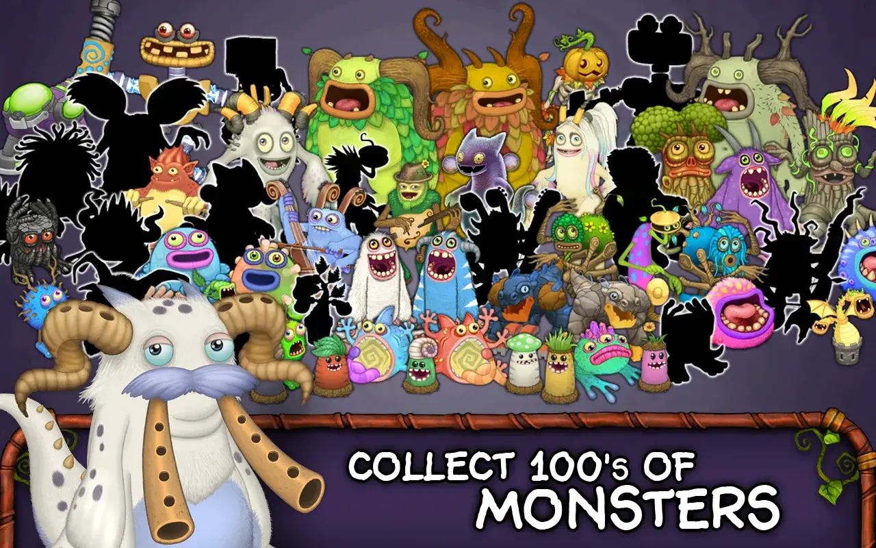 A vibrant scene from the video game My Singing Monsters showcases various colorful monsters, emphasizing the collection of hundreds of unique creatures.