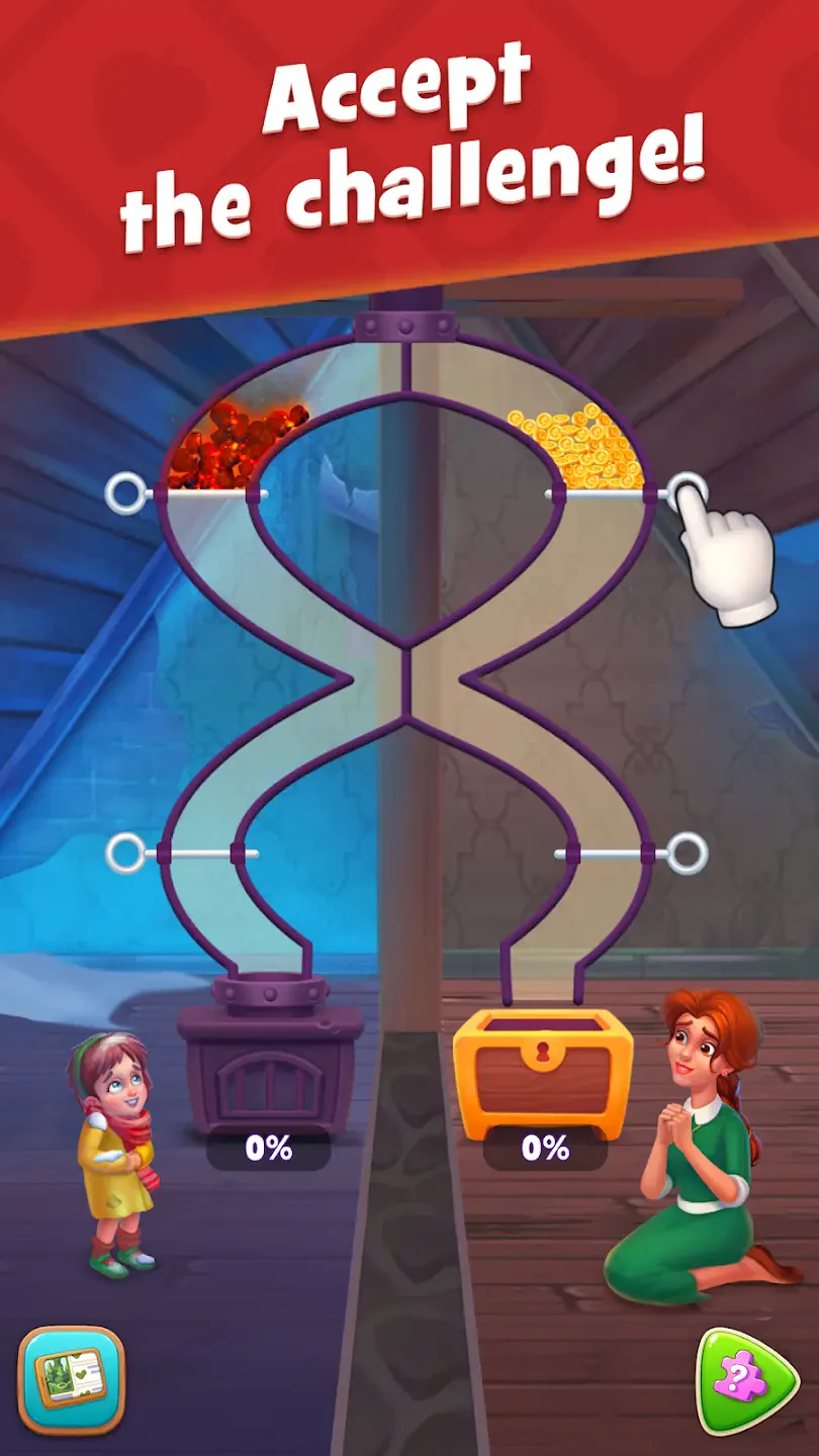 A scene from Gardenscapes shows a character on the right kneeling, with a progress scale between two containers. A child character on the left looks on, as text urges players to Accept the challenge!