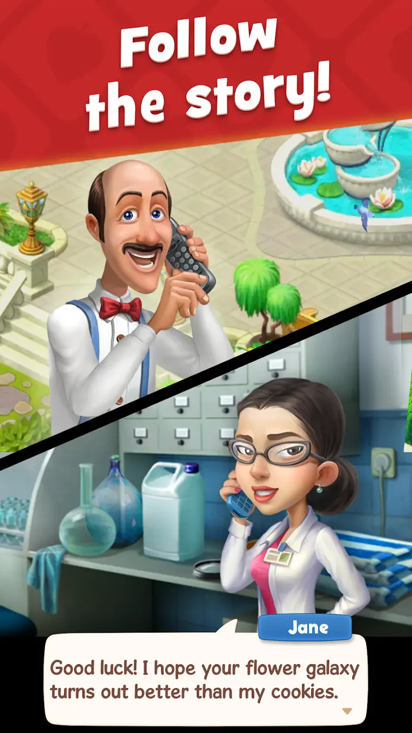 A split-screen image from Gardenscapes featuring two characters. One is on the phone, while the other offers support with a playful message about gardening and baking.
