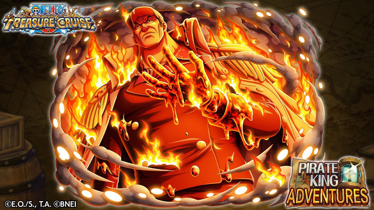 An intense image from One Piece Treasure Cruise shows Akainu surrounded by flames, demonstrating his powerful presence in the game. The scene is filled with energy and dynamic detail.