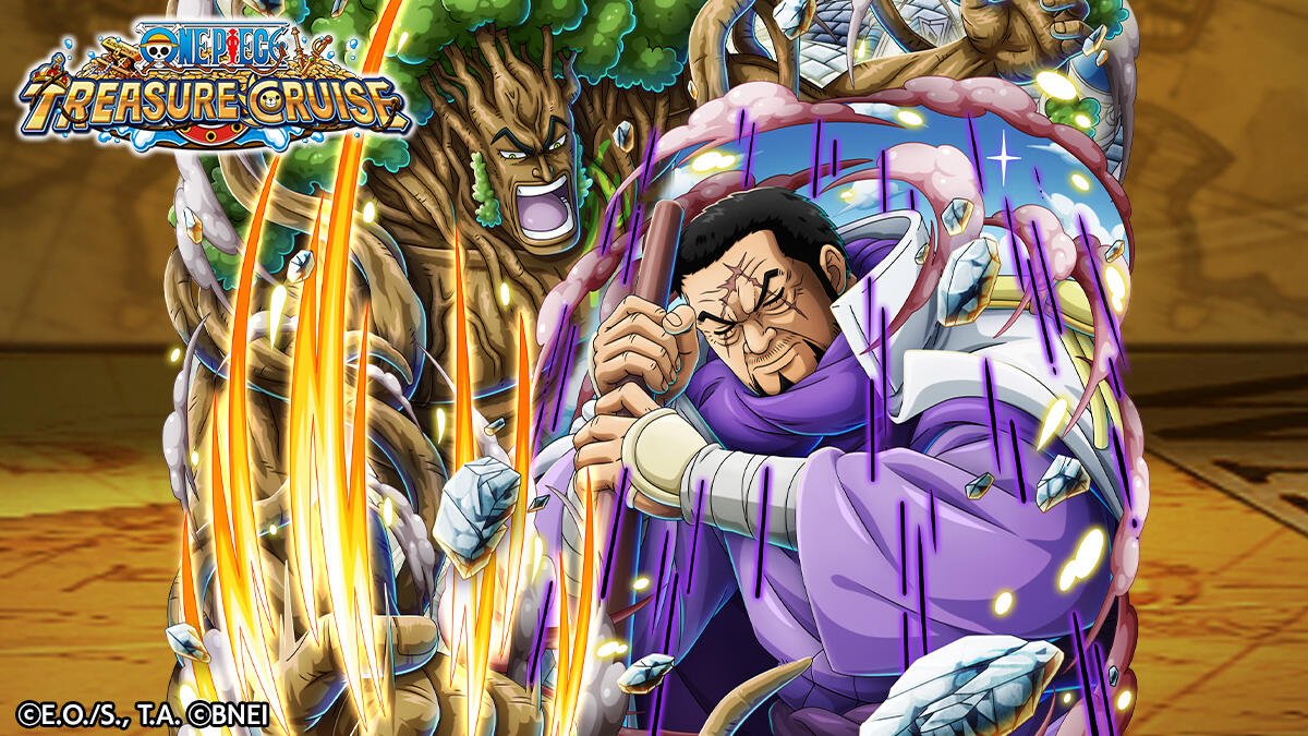 An action-packed scene from One Piece Treasure Cruise featuring Fujitora and Ryokugyu, surrounded by dynamic effects and vibrant graphics that capture the essence of the game.