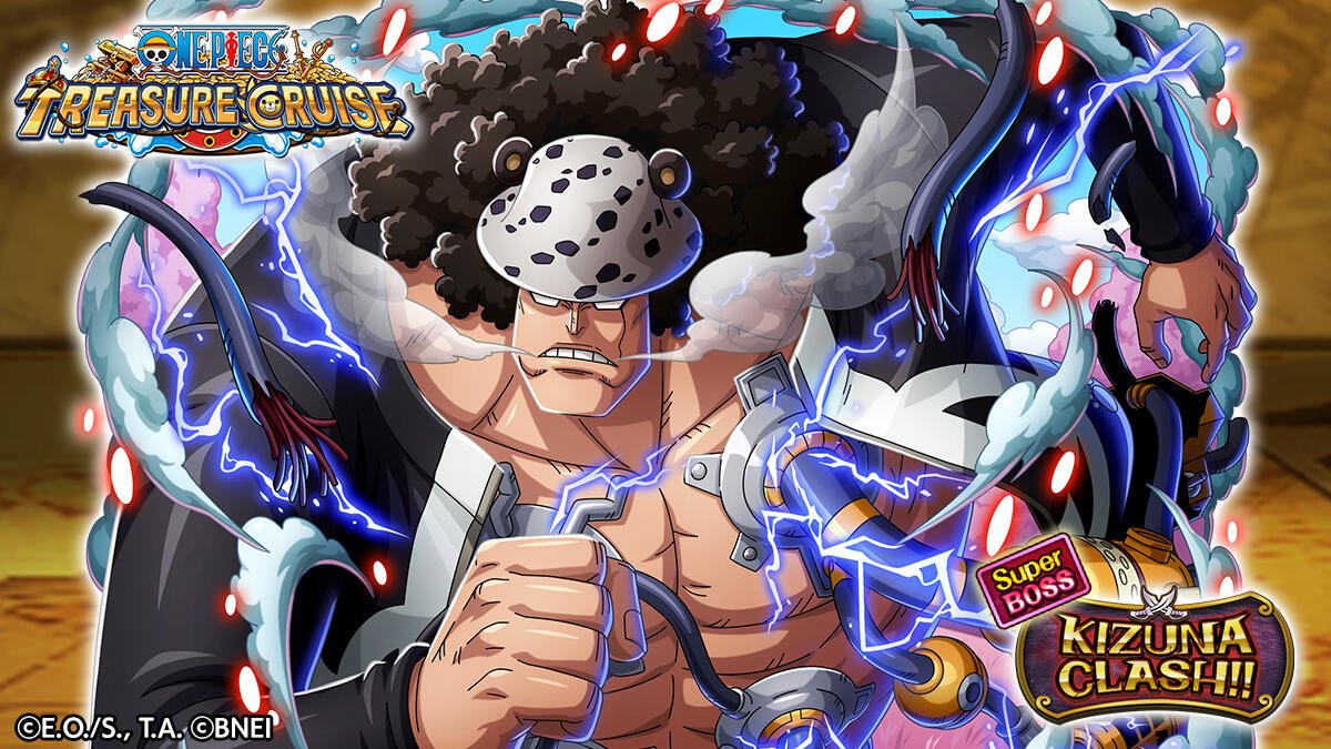 Bartholomew Kuma from One Piece Treasure Cruise hovers with a fierce expression, surrounded by electric energy, showcasing his power in the Kizuna Clash event.