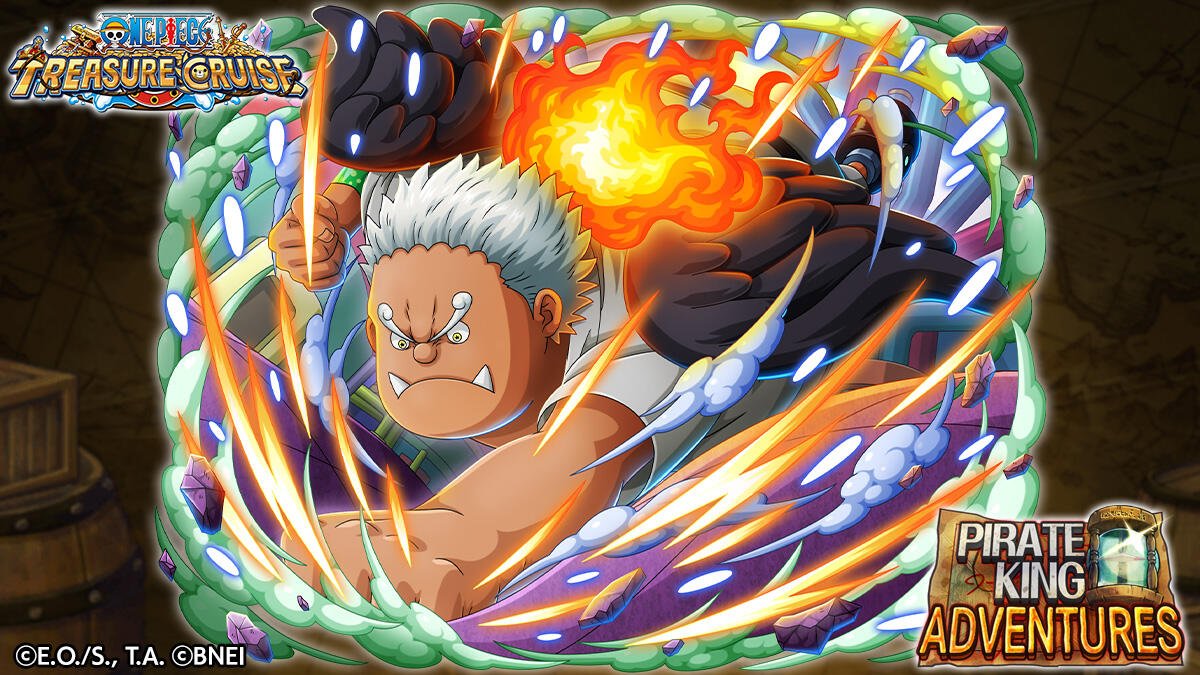 A dynamic scene from One Piece Treasure Cruise featuring S-Shark unleashing a powerful attack, surrounded by vibrant bursts of energy and water, illustrating intense action in the game.