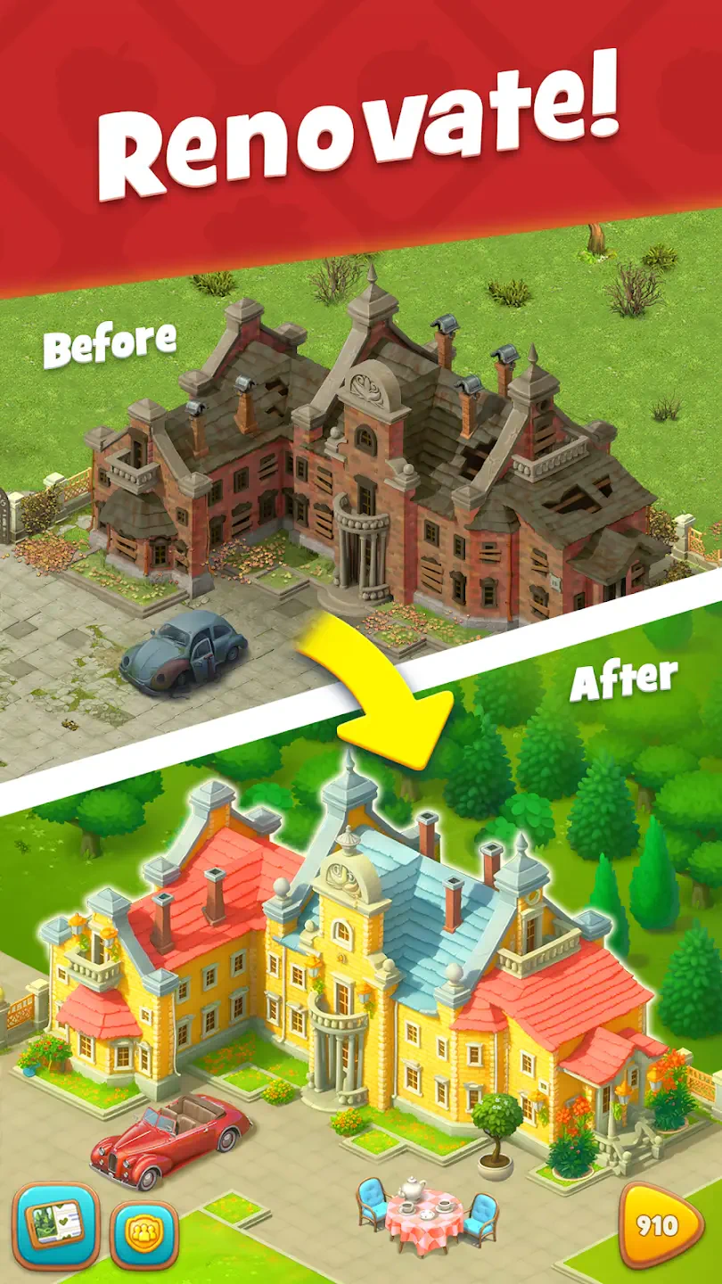 A split image showing a dilapidated mansion labeled Before and a beautifully renovated version labeled After, highlighting the transformation in the video game Gardenscapes.