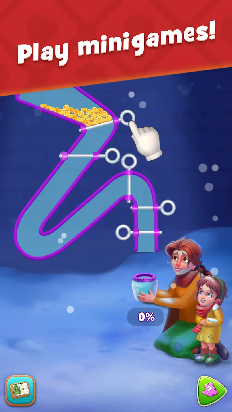 A colorful scene from Gardenscapes featuring a woman and a child preparing to play minigames, with a track of coins and a whimsical landscape in the background.