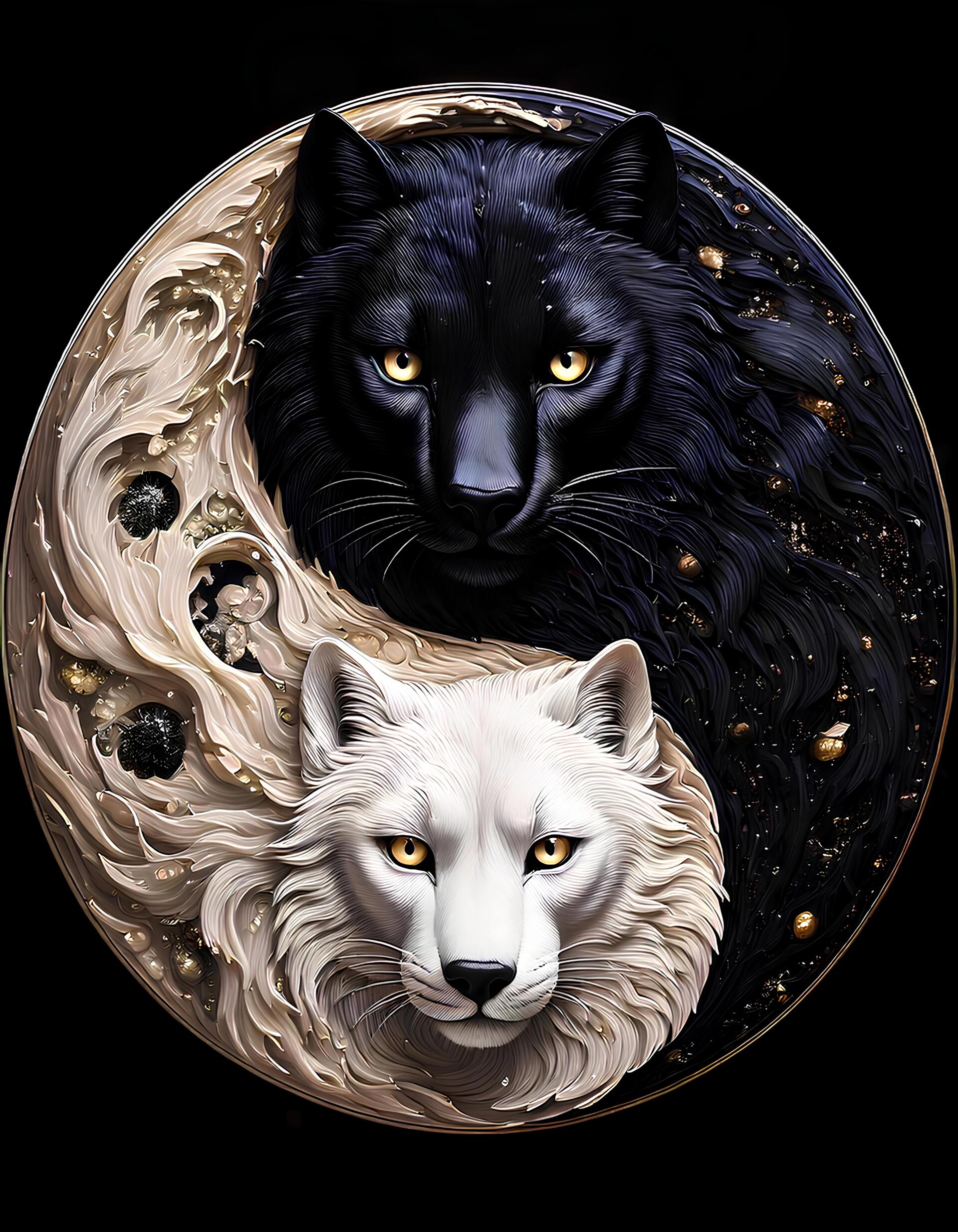 A black panther and a white wolf intertwined in a yin-yang design, symbolizing the balance of power between darkness and light.