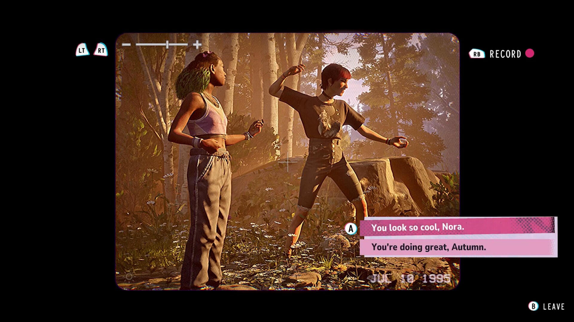 A scene from the video game *Lost Records: Bloom & Rage*, featuring two characters in a forest, with one encouraging the other. The atmosphere is warm and immersive.