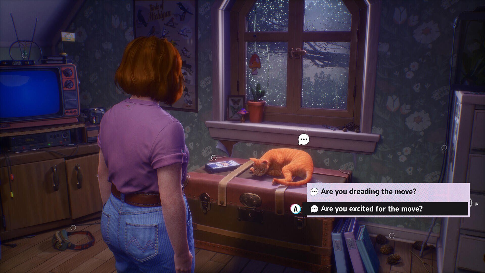 A character from the video game Lost Records: Bloom & Rage stands beside a desk, contemplating a move while a cat lounges nearby, adding a cozy yet introspective atmosphere.