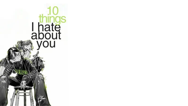 Cover art titled The Guy She Was Interested in Wasn't a Guy at All — Aya Oosawa, Mitsuki Koga; two figures sit close on a stool beneath green 10 things I hate about you text.