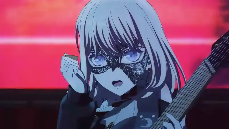 A character from the anime BanG Dream! Ave Mujica is depicted, featuring stylish hair, a decorative mask, and holding a guitar against a vibrant red background.