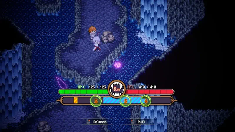 A character navigates a sea fantasy landscape, featuring a vibrant underwater setting with glowing elements, while an interactive interface displays health and action options.