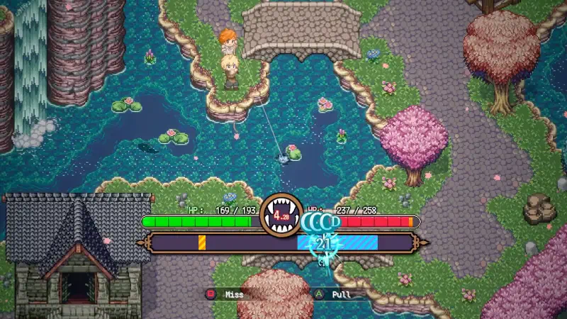 A vibrant scene from the video game Sea Fantasy, featuring a character by a serene pond with lush greenery and cherry blossom trees, while gameplay elements are displayed below.