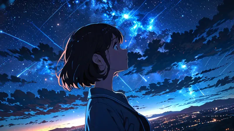 Anime girl in profile gazes up at a vivid, star-filled blue sky with glowing nebulae and shooting stars above a twilit cityscape.
