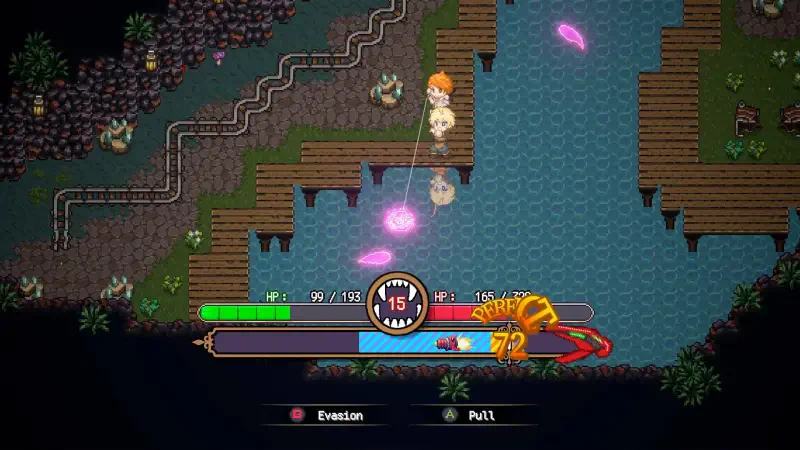 A scene from the video game Sea Fantasy, featuring a character fishing at a shore with glowing baits, a health bar, and a playful underwater creature.