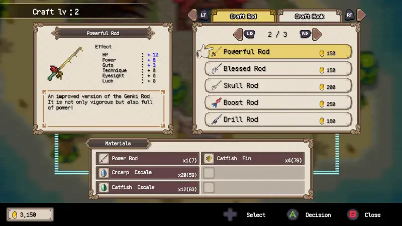 A crafting menu in a sea fantasy video game, showcasing the Powerful Rod, its effects, and materials required for creation, enhancing gameplay strategy and item upgrades.