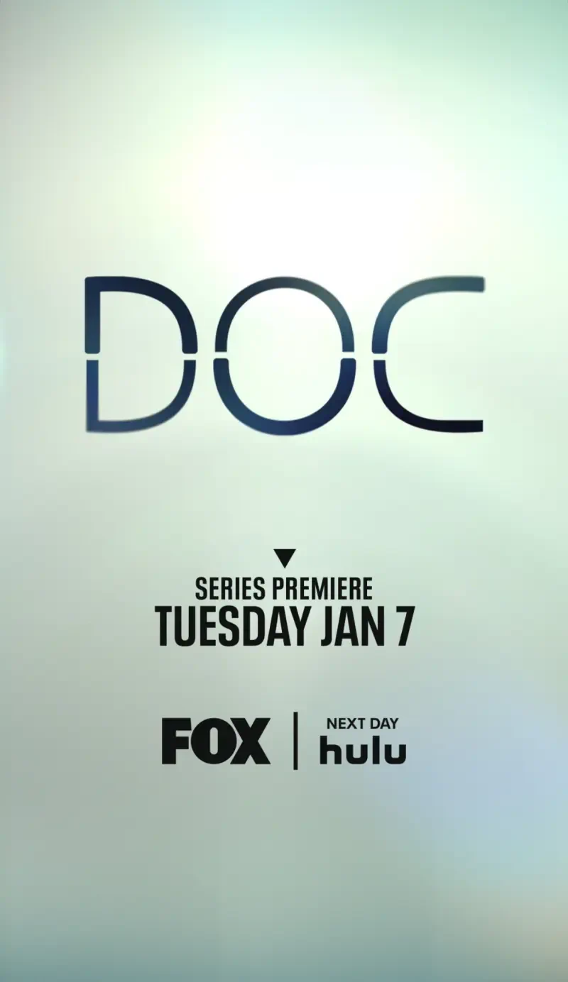Promotional graphic for the TV show Doc, announcing its series premiere on Tuesday, January 7, airing on FOX and available next day on Hulu.