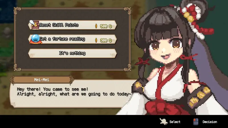 A cheerful character from the video game Sea Fantasy greets players with options for earning points or getting a fortune reading, inviting them to engage in the gameplay.