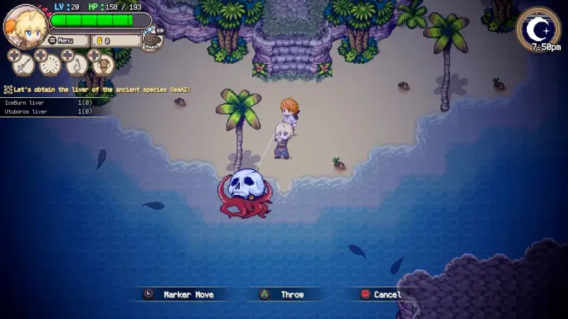 A character stands on a beach surrounded by palm trees, facing a playful creature resembling a crab, in a vibrant scene from the video game Sea Fantasy.