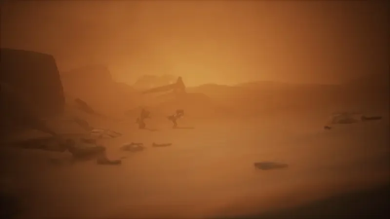 A shadowy landscape from Little Nightmares III, featuring eerie silhouettes against an orange-hued backdrop, evoking a sense of suspense and mystery in a video game setting.