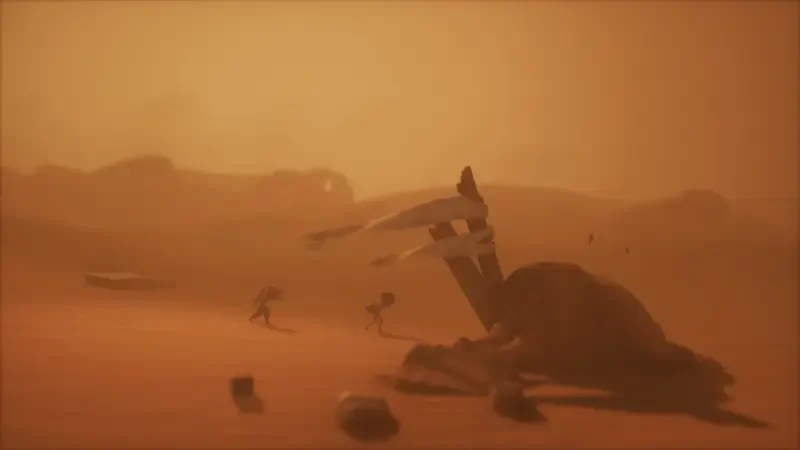 A desolate landscape from the video game Little Nightmares III, featuring eerie silhouettes and a haunting atmosphere under a dusty, orange sky.