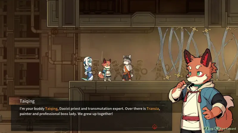 A scene from the video game Threefold Recital, featuring characters Taijing, Tranio, and another companion in a vibrant, animated setting, sharing a moment of camaraderie.