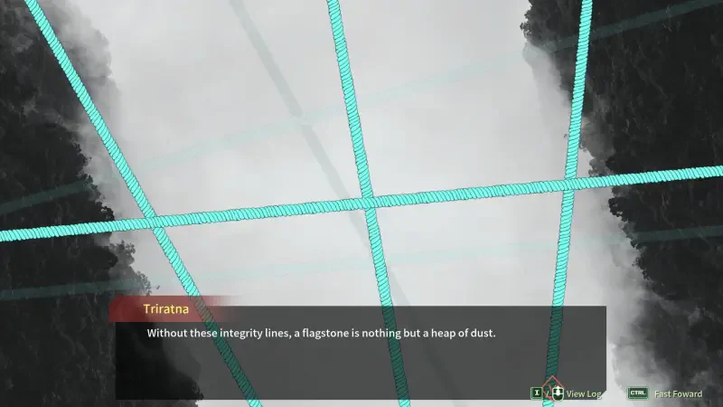 A scene from the video game Threefold Recital, featuring a misty landscape with bright blue grid lines overlaying the image and text about integrity and foundation at the bottom.