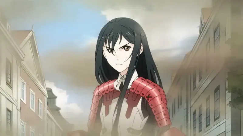 A determined character stands in a street, wearing armor with a fierce expression. This scene is from the anime I Left My A-Rank Party to Help My Former Students Reach the Dungeon Depths!