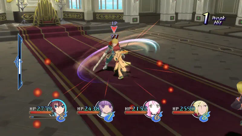 A character battles in a lavish setting from the video game Tales of Graces f Remastered, showcasing dynamic combat and a health bar for teammates at the bottom.
