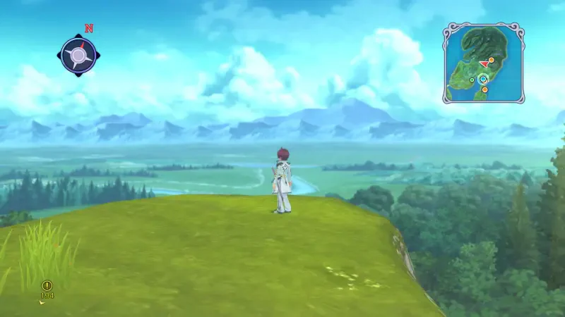 A character stands on a grassy cliff, overlooking a vast landscape with mountains and clouds in the background, inspired by the video game Tales of Graces f Remastered.