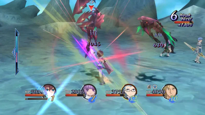 A dynamic battle scene from the video game Tales of Graces f Remastered, showcasing characters attacking fierce enemies with colorful abilities in a vibrant fantasy setting.