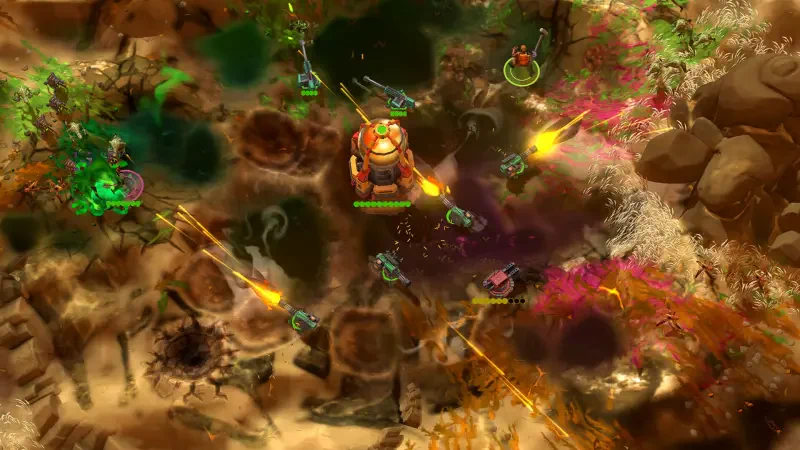 An aerial view of the game IDUN - Frontline Survival, showcasing a vibrant battlefield with characters and structures engaged in action amidst colorful explosions.