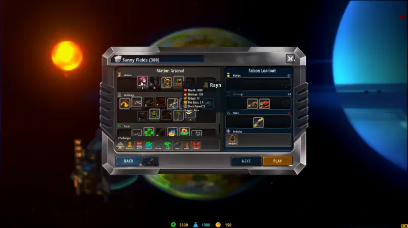 A gameplay interface from the video game IDUN - Frontline Survival, showcasing various items and options in a sci-fi environment with planets and a star in the background.