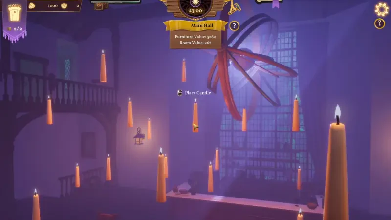 A dimly lit scene from the video game Magic Inn, featuring floating candles and an eerie atmosphere, enhancing the mystical ambiance of the game.