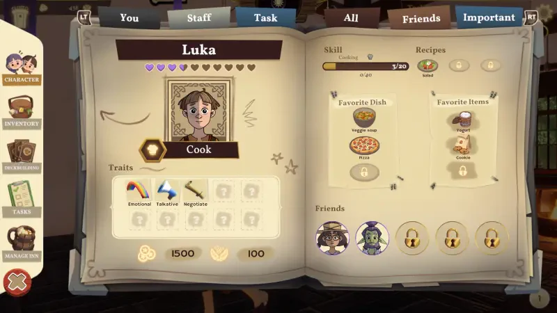 An interface from the video game Magic Inn displaying a character profile for Luka, detailing skills, favorite dishes, and a friendship list.