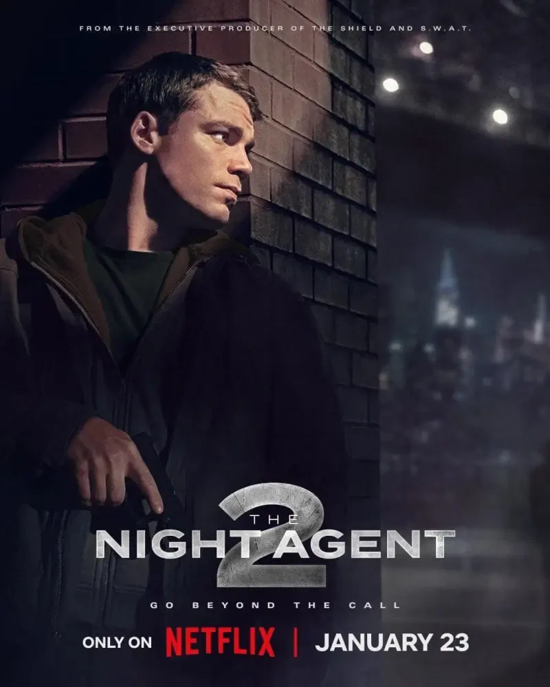 A dramatic scene from the TV show The Night Agent, featuring a character looking tense against a city backdrop, with promotional details highlighting its Netflix release on January 23.