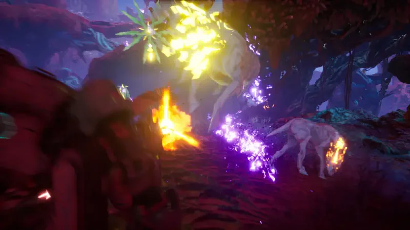 A vibrant scene from the video game SYNDUALITY Echo of Ada, featuring glowing creatures and magical effects against a fantastical backdrop.