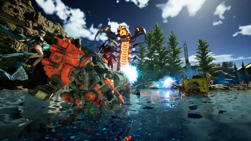 A vibrant scene from the video game SYNDUALITY Echo of Ada, featuring a robot battling a massive creature amidst a reflective lake and lush greenery under a blue sky.