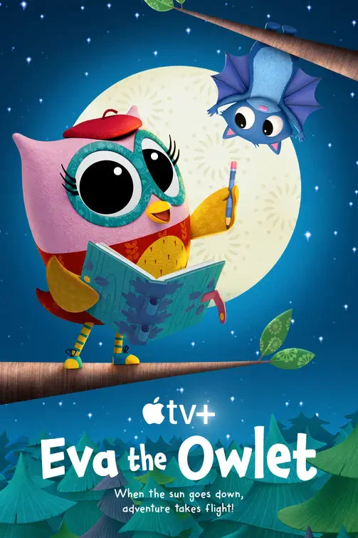 A colorful illustration from the TV show Eva the Owlet, featuring a cheerful owl reading a book while a bat flies nearby under a bright moonlit sky.