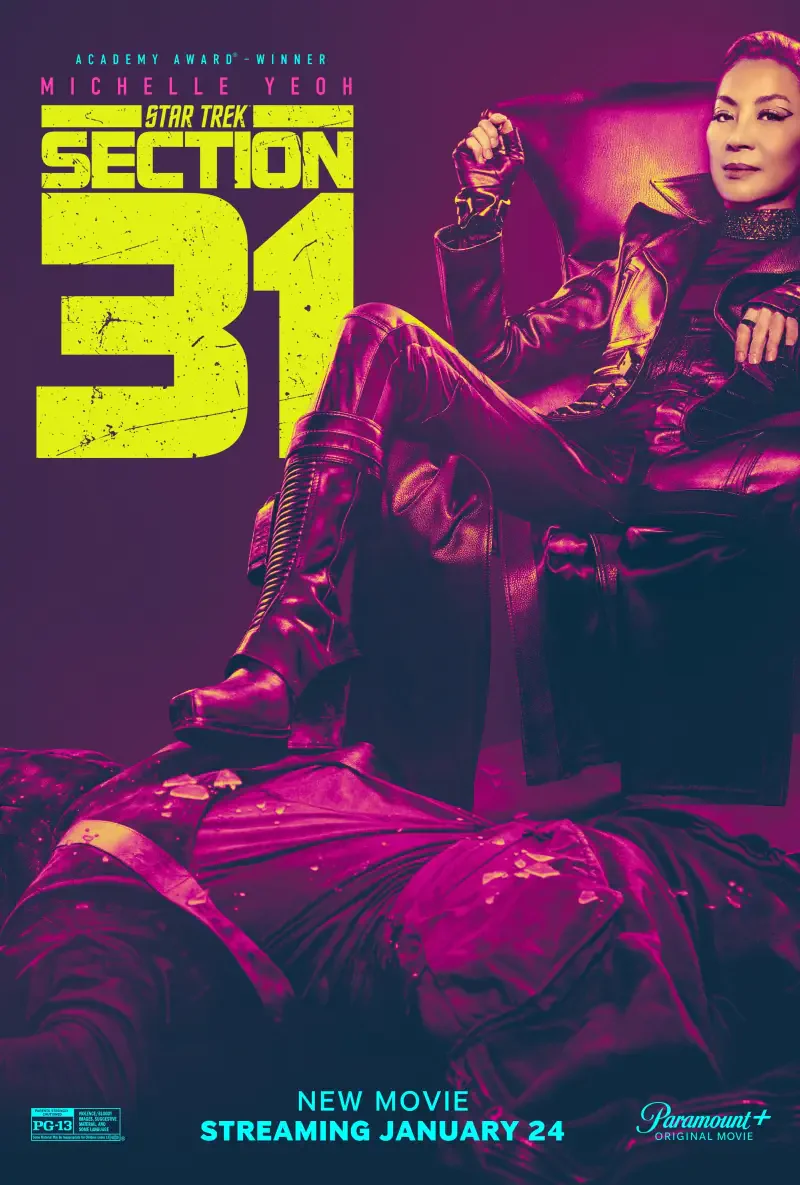 Promotional poster for Star Trek: Section 31, featuring Michelle Yeoh in a commanding pose. The release date is January 24, with a vibrant, action-oriented design.