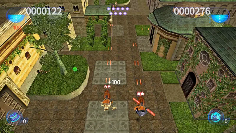 Gameplay from *Star Wars Episode I: Jedi Power Battles*, featuring characters navigating a vibrant, urban environment with action elements and scoring indicators visible on the screen.