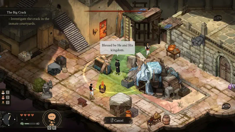 In The Stone of Madness video game, characters engage in dialogue in a detailed, vibrant environment, as they investigate a crack in the kingdom's landscape.