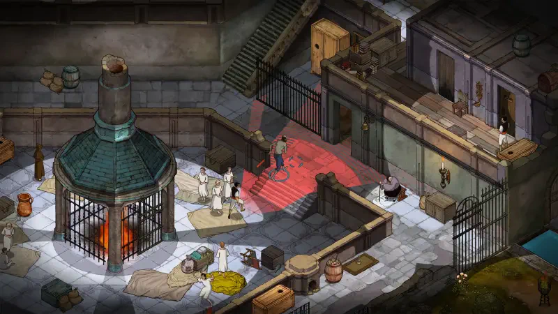 A scene from the video game The Stone of Madness, featuring a detailed environment with characters navigating a dimly lit, atmospheric space filled with various objects and structures.