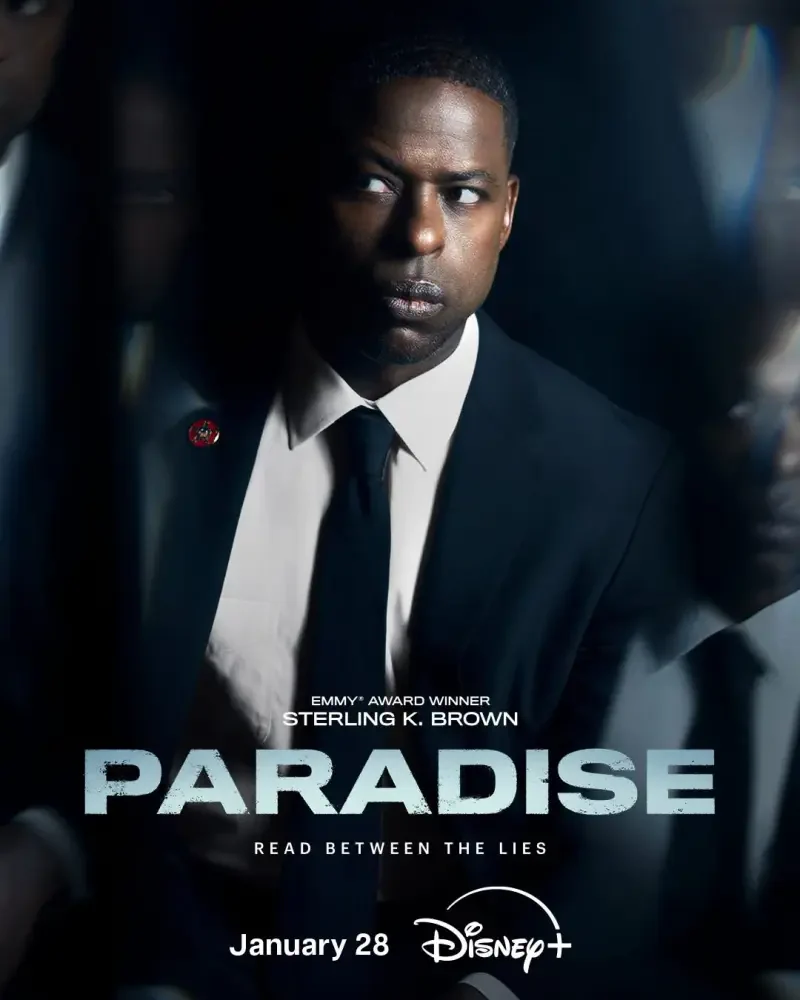 A promotional image for the TV show Paradise, featuring Emmy Award winner Sterling K. Brown in a suit, suggesting intrigue and mystery. The release date is January 28 on Disney+.