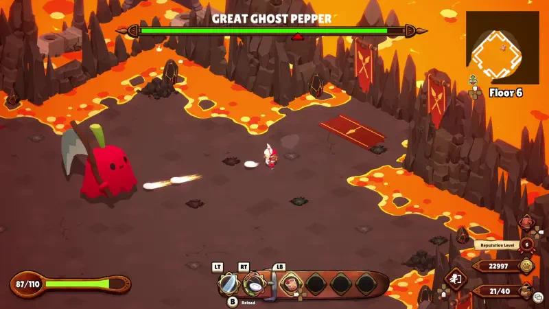 A vibrant scene from the video game Cuisineer, featuring a character battling a giant red creature in a fiery, lava-filled environment.