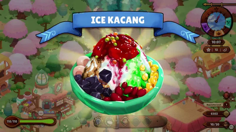 A vibrant bowl of Ice Kacang, featuring colorful toppings, shines against a whimsical game background in Cuisineer, highlighting the culinary aspects of this video game.