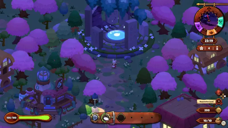 A colorful scene from the video game Cuisineer, featuring a character surrounded by pink trees and a mystical fountain, with a charming village in the background.