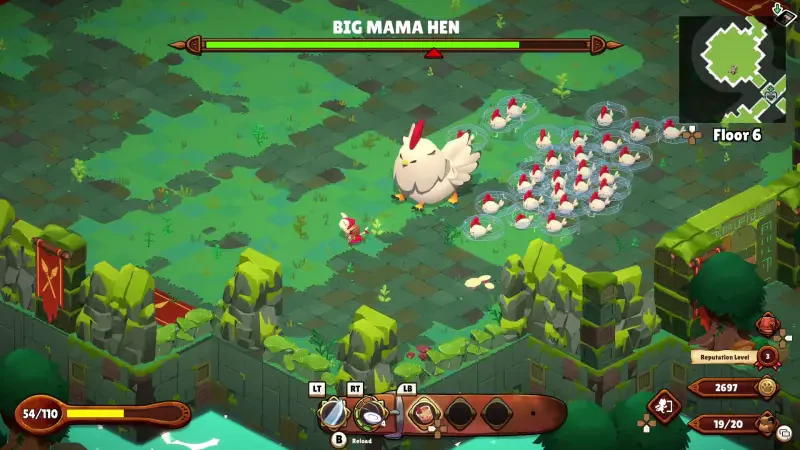 In the video game Cuisineer, a character battles a giant hen, labeled BIG MAMA HEN, surrounded by smaller chickens in a vibrant, animated environment.
