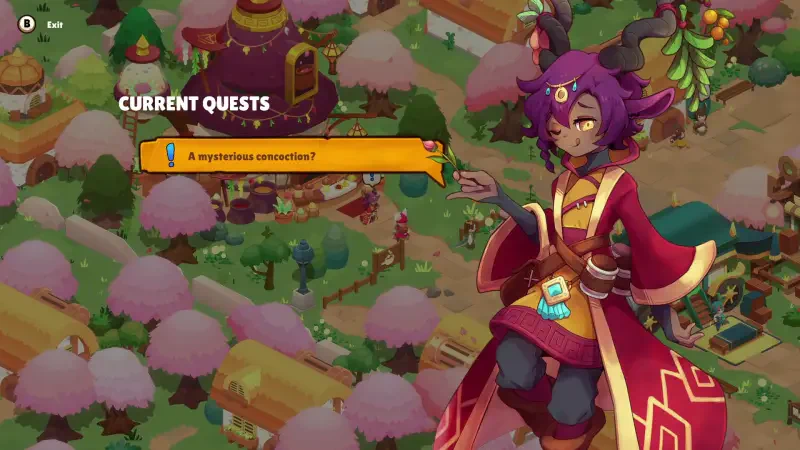A vibrant scene from the video game Cuisineer, featuring a character with purple hair and a colorful outfit, presenting current quests amidst a whimsical, blooming landscape.