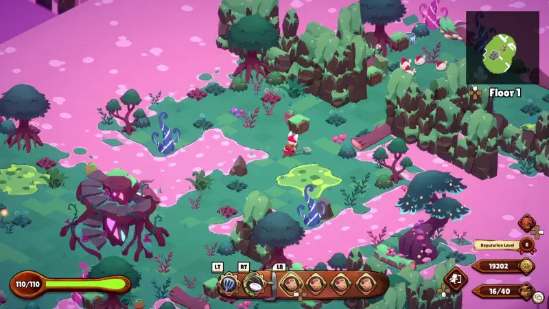 A colorful, top-down view of a lush, fantastical landscape in the video game Cuisineer, featuring vibrant terrain and a character navigating through the environment.