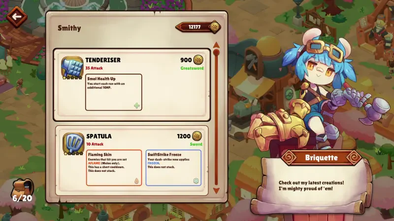 A colorful scene from the video game Cuisineer, featuring a character named Briquette showcasing items like the Tenderiser and Spatula, with playful dialogue about her creations.